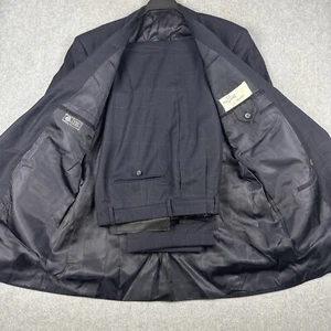 Tom James Suit 2 Pc 44L 30W Full Suit Blue Windowpane 100% Wool Double Breasted - Picture 1 of 18