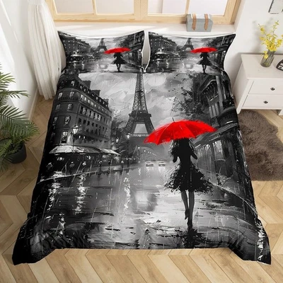 Paris Eiffel Tower Duvet Cover Set Queen Size,Rainy Night Red Umbrella Girly ... - Photo 1/4