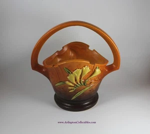 ROSEVILLE ☆ FREESIA TANGERINE Pattern #391-8 ☆ 8 1/4" BROWN BASKET ☆ ca 1945 - Bild 1 von 10