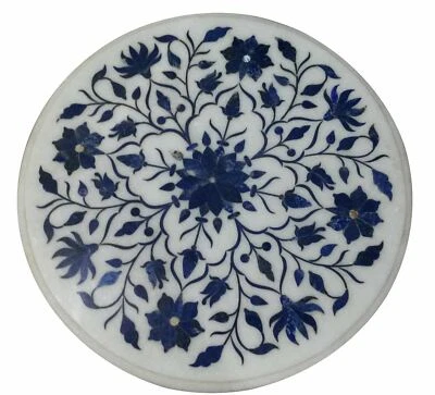 18" round white marble Table Top marquetry lapis inlay art work handmade decor - Image 1 of 4