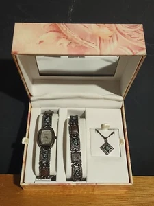 Women's Royalton Watch / Bracelet / Necklace boxed set, Studded Silvertone, NEW - Picture 1 of 12