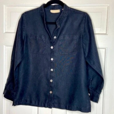 Kate Hill 黑色 100% 亚麻 Buttondown 上衣,尺寸 M,娇小 — 第 1/4 张图片