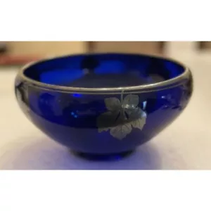 Tiffin Glass Bowl Cobalt Blue Sterling Silver Overlay Leaves Grapes Antique 8” - Picture 1 of 7