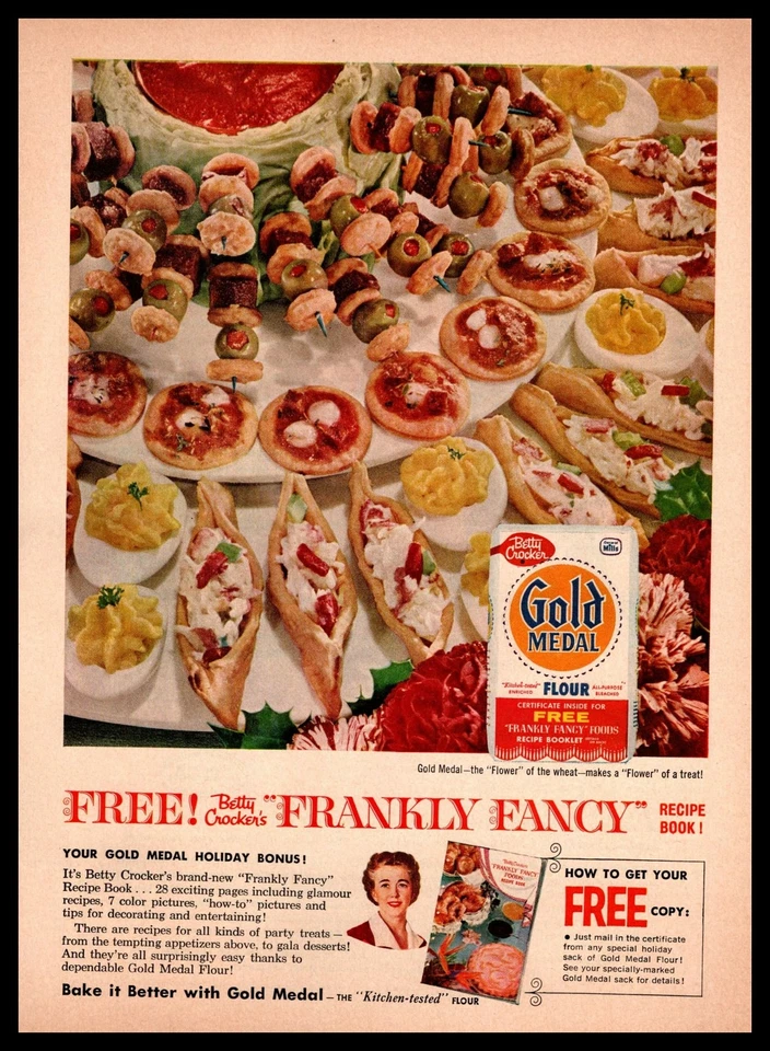Libro de recetas 1959 medalla de oro harina "Frankly Fancy Foods" oferta anuncio impreso vintage Foto 1 de 1