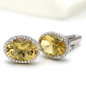 Naturale Citrino & Cz Halo Gemelli 925 Argento Sterling Dello Sposo Regalo - Foto 1 di 6