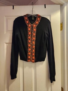 Lucky Brand Cardigan Black Cashmere Wool Angora Rabbit Hair Blend Beaded Med vtg - Picture 1 of 8