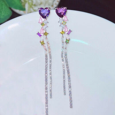 Wedding Jewelry Rainbow Crystal Silver Long Tassel Earrings Heart Amethyst Studs - Image 1 of 4