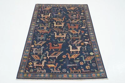 3 x 5 ft Navy Blue Animal Gabbeh Afghan Fine Hand Knotted Wool Tribal Area Rug - Image 1 of 4