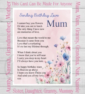 Mum Birthday Memorial Grave Card Mum Memorial Card Mum in Heaven Graveside f116 - Image 1 of 4