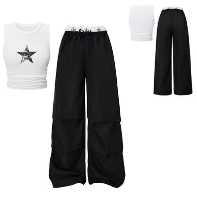 Girls Hip Hop Street Dance Outfit Star Print Tank Tops with Cargo Pants 2-Piece - Image 1 of 3