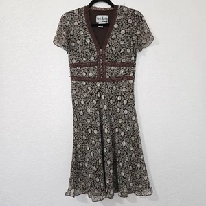 Vintage Y2k 6p Brown Floral Print Midi Dress Short Sleeve Babydoll - Picture 1 of 6