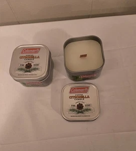 Coleman Pine Scented Citronella Candle  Wooden Crackle Wick  6 oz Tin Lot of 2 - Picture 1 of 3
