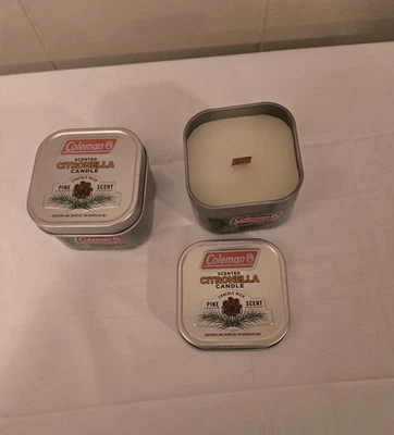 Coleman Pine Scented Citronella Candle  Wooden Crackle Wick  6 oz Tin Lot of 2 - Image 1 of 3