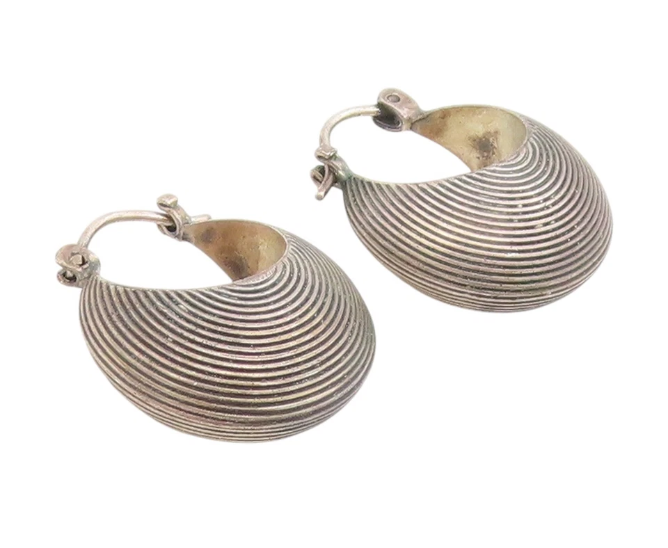 Pendientes vintage de plata de ley 925 gruesos acanalados media luna aros EG13928 Foto 1 de 4