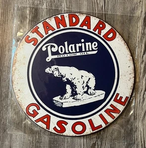 Standard Polarine Gasoline 12" Diameter Novelty Hem Wrapped Metal Sign New! - Picture 1 of 2