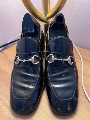 Rare Designer Vintage GUCCI Black Patent Leather Loafers 1953 Silver Horse Bit - Image 1 of 4