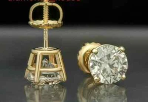 2Ct Round Cut Lab Created Diamond Stud Women's Earrings 14K Yellow Gold Plated - Picture 1 of 5