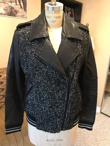 NWT BCBG MAXAZRIA Black Wool Leather Classy Coat Zip Biker Jacket Womens M $498 - Picture 1 of 11