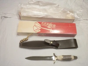 GERBER MARKII STAG BOVINE HANDLE PRESENTATION KNIFE NOS W SCABBARD SERIAL # 0288 - Picture 1 of 2