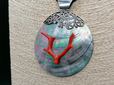 Collana donna grande ciondolo corallo rosso di Sardegna madreperla argento 925 - Immagine 1 di 4