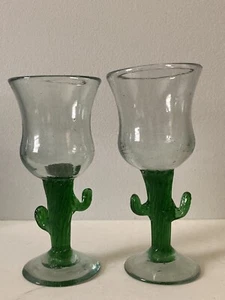 Mexican Hand Blown Glass Cactus Stem Saguaro Wine/ Margarita Glasses set of 2 - Picture 1 of 7