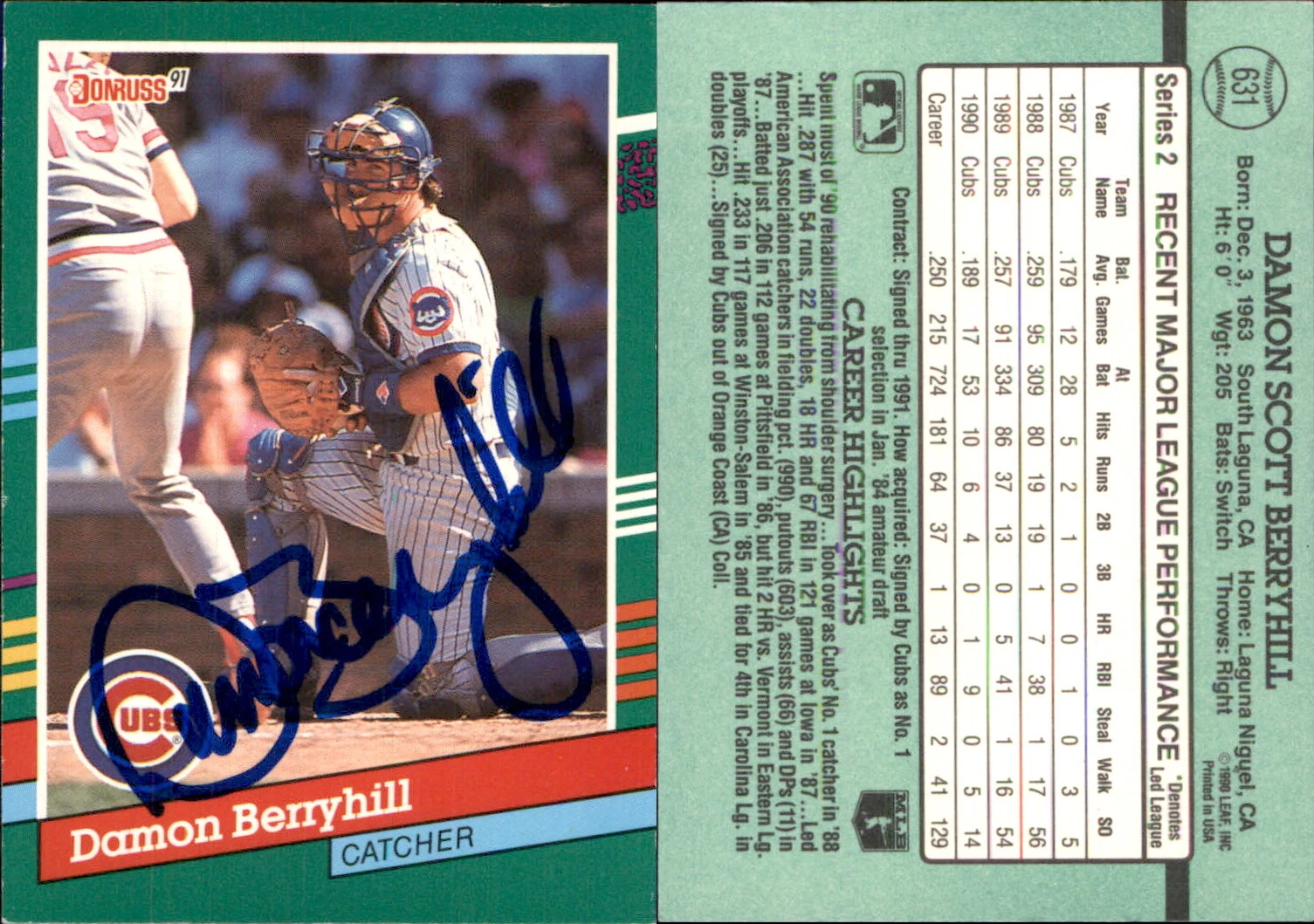 Damon Berryhill Signed 1991 Donruss #631b Card Chicago Cubs Auto AU