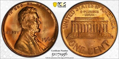 PCGS MS67 RD 1964 Lincoln Memorial Cent Red  - Image 1 of 3