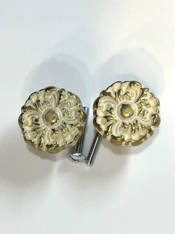 1960's Vintage French Provincial Drawer Knobs (2) K1947 w/ 1" screws Brass White Cover