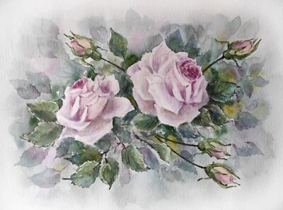 Original Artwork Modern Painting Delicate Blush Burgundy Flowers ROSES Floral A4 - Image 1 of 4