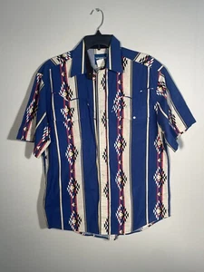 Vintage Wrangler Western Men's Tribal Aztec Pearl Snap SS Button Down Shirt L - Picture 1 of 10