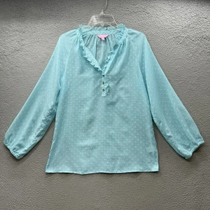 Top blusa Lilly Pulitzer 100% cotone Elsa blu acqua pois scollo a V oro 1/2 bottone - Foto 1 di 12