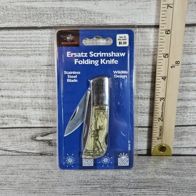 Nuevo cuchillo plegable Winchester repuesto Scrimshaw ciervo vida silvestre Foto 1 de 4