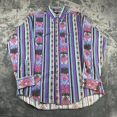 Vintage Wrangler Brushpopper Men 17.5-17 Shirt Multicolor Western Aztec Cowboy - Image 1 of 4