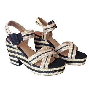 Gestreifte Espadrille-Plateausandalen Damen 9,5 braun Keilabsatz offene Zehenpartie Damen - Bild 1 von 8