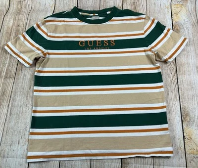Mens Guess Jeans Los Angeles T Shirt Green Orange Striped Size Small - Image 1 of 4