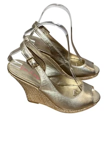 Lilly Pulitzer Vintage Gold Peep Toe Slingback Wedge Leather Women's Heels Size - Bild 1 von 12