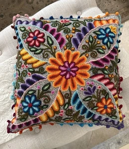 Handcrafted Textile Pillow Embroidered With 100% Sheep Wool Multicolor - Picture 1 of 6