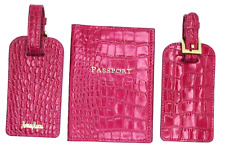 Leather Passport Cover w Matching Luggage Tag Neiman Marcus Pink Croc