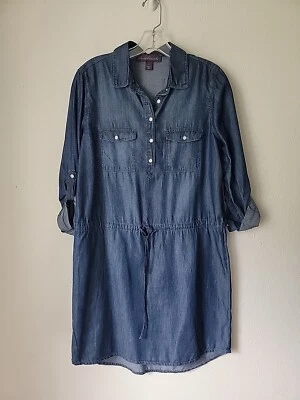 Vestido Camisa Denim Gloria Vanderbilt Pequeño Azul Manga con Pestaña Enrollada Boho Vaquera  Foto 1 de 4
