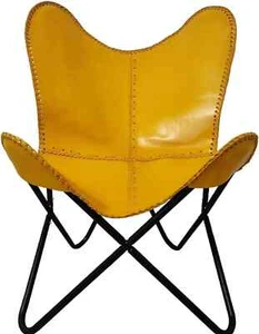 Yellow Buffalo Leather Relax Butterfly Chair Living Room Lounge Chair Folding - Picture 1 of 11