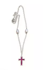 Collana maglia rolò perle grigie argento sterling 925 ciondolo crocetta zirconi - Foto 1 di 3