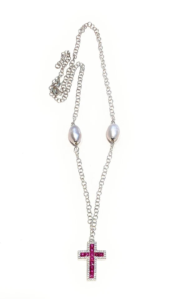 Collarino diWa Jewels Rolò Perle Grigie Argento Ciondolo Crocetta Zirconi - Immagine 1 di 3