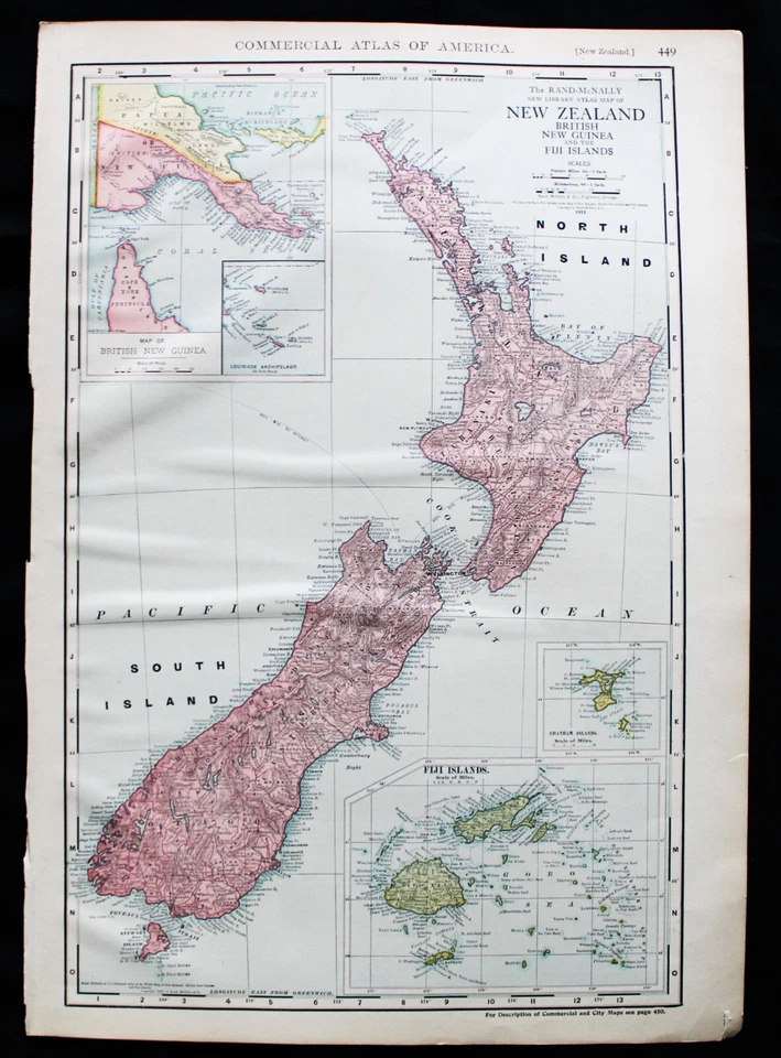 RAND MCNALLY PLACA DE PÁGINA DE MAPA ATLAS COMERCIAL DA NOVA ZELÂNDIA E FIJI 1913 VINTAGE - Imagem 1 de 3