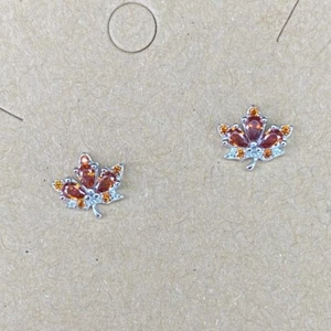 SP Earrings- Maple Leaf- Autumn, Fall- Simulated Orange CZ- .925 Sterling Silver - Picture 1 of 4