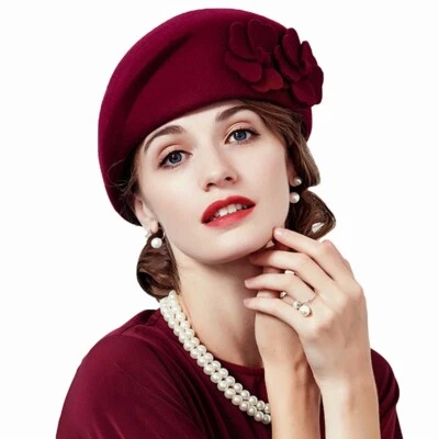 Sombreros de boda de lana boinas francesas gorras para mujer flor pastillero cóctel fiesta sombrero Foto 1 de 4