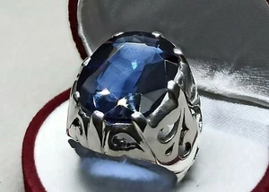 25 Ct Oval Cut Big Dark Blue Topaz Sterling Silver 925 Handmade Topaz Mens Ring - Picture 1 of 12