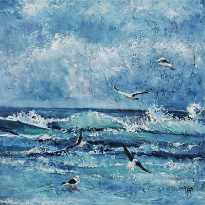 YARY DLUHOS Beach Ocean Sea Seashore Waves Seagulls Original Art Oil Painting - Image 1 of 4