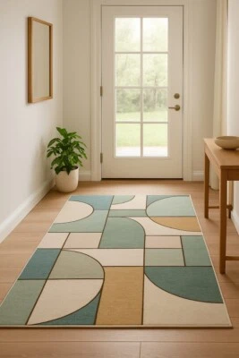 Modern Geometric Wool Rug Hand- Tufted Teal, Sage, Beige & Mustard Woolen Rug - Image 1 of 4