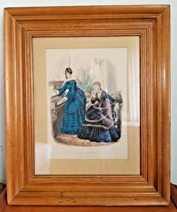 Vintage Antique La Mode Illustree Paris Colored Fashion Print 22" x 18" Framed - Picture 1 of 10