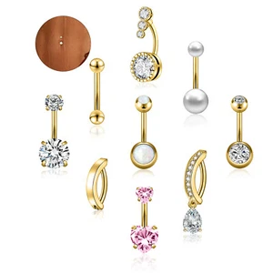 9pcs Women Navel Belly Button Ring Bar Crystal Dangle Body Piercing Jewelry 14G - Picture 1 of 14